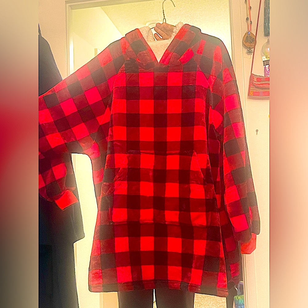 lumberjack Sherpa hoodie plaid check tunic bedsure 36" long 31"Across kangaroo